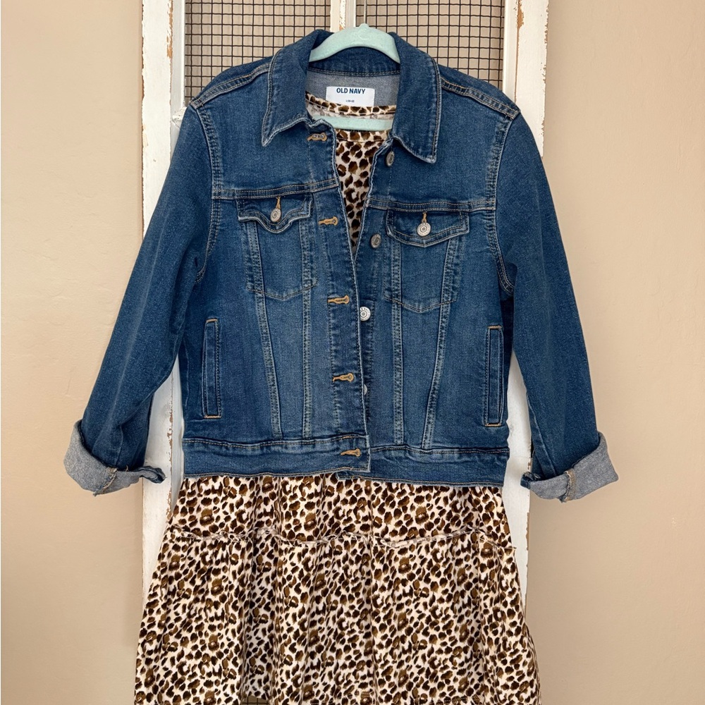 Old Navy Blue Denim Jacket with Leopard Print Dress